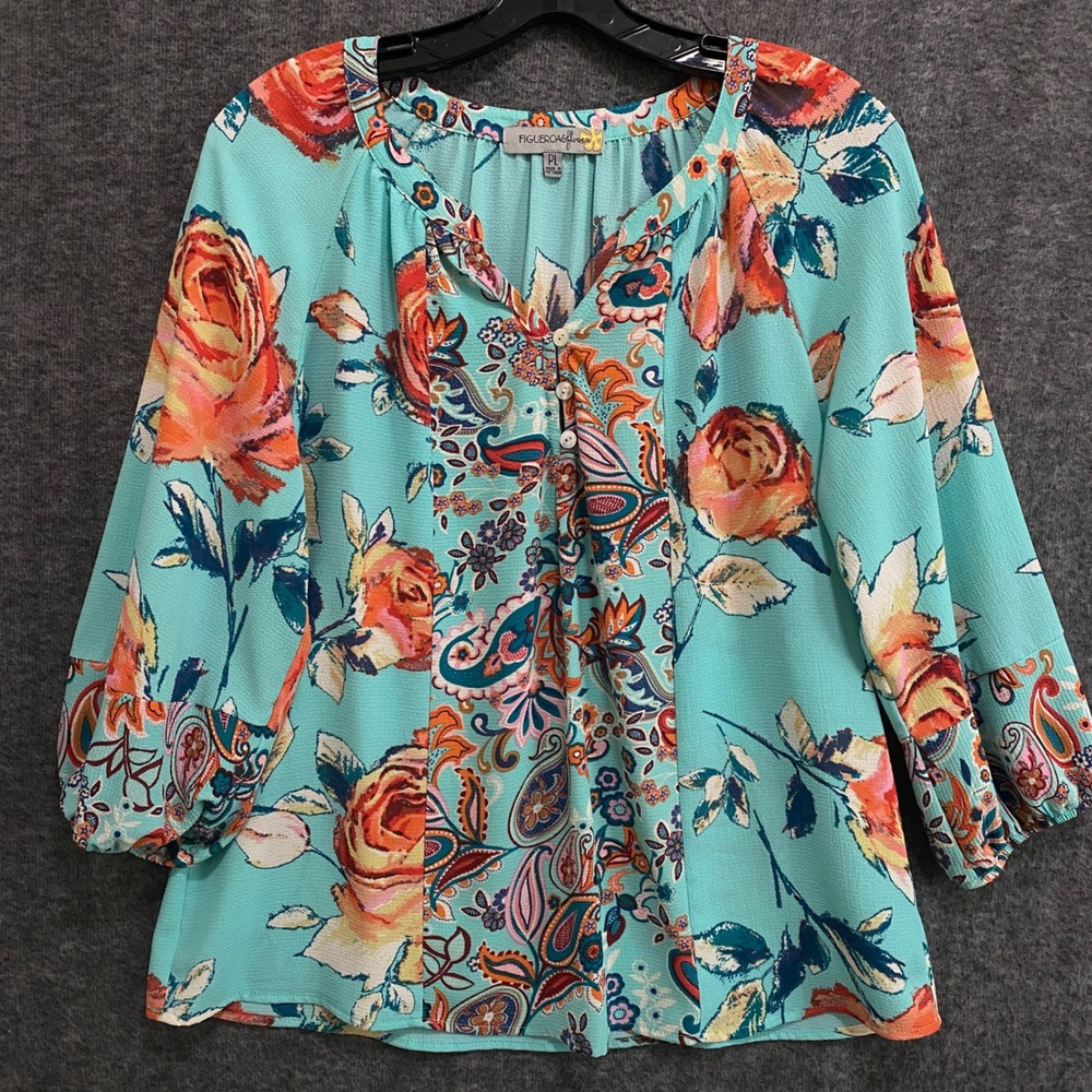 Figueroa and Flower Top Womens‎ PL Green Floral V-Neck Boho Peasant Cottagecore